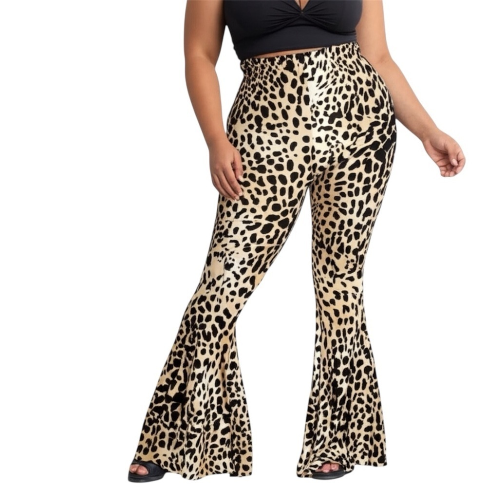 Animal Print Wide Flare Pants Tan Black 1X - Picture 3 of 9